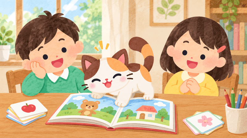 Two learners and their cat return to a storybook together.