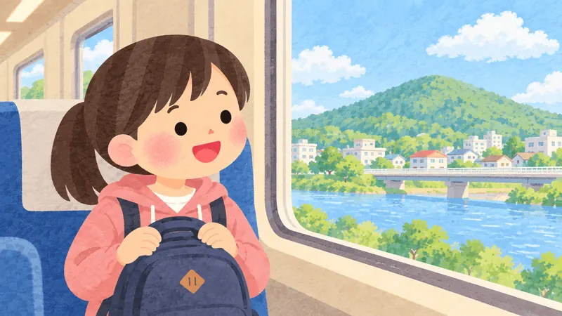 A learner enjoying the view from a train in an illustrated beginner reading scene.