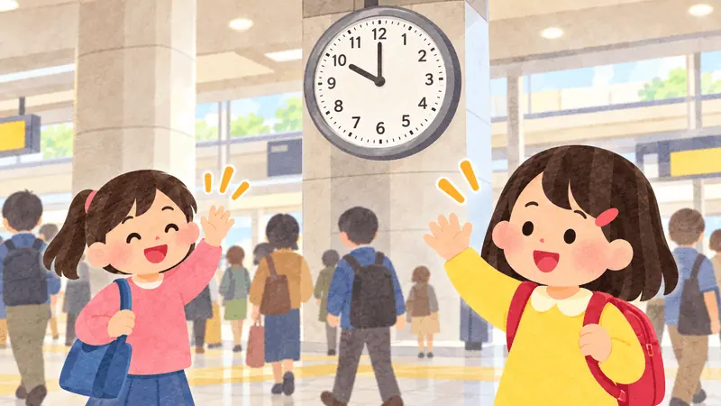Two friends meeting at a train station