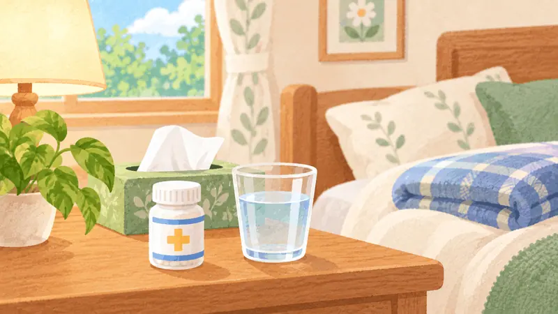 Medicine and water beside a bed on a sick day