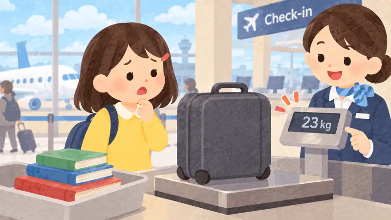 A traveller checking the weight of a bag