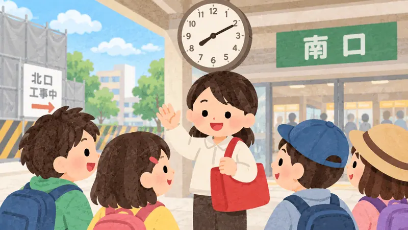 Friends meeting outside a station entrance