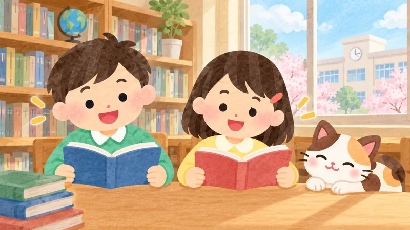 Two learners read at a library table, showing where an action happens.
