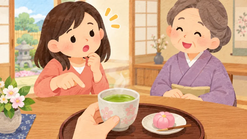 A learner asks a question while sharing tea with an older woman.