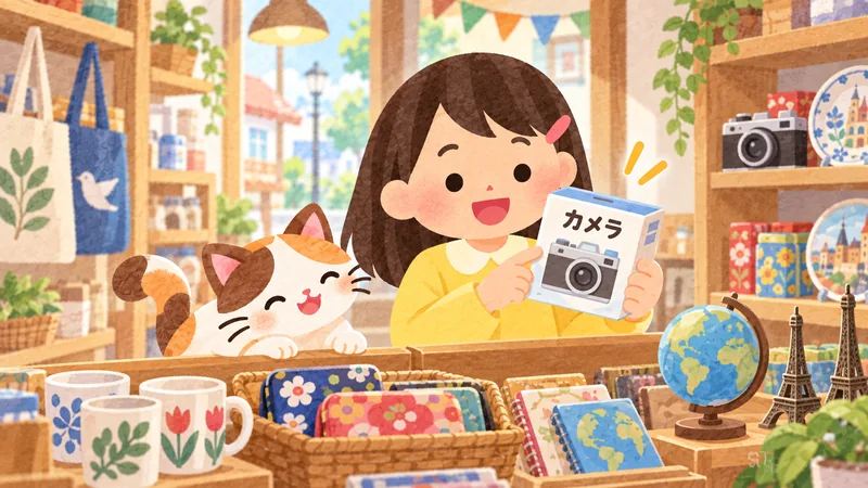 A learner recognises a katakana word on a camera box in a neighborhood shop.