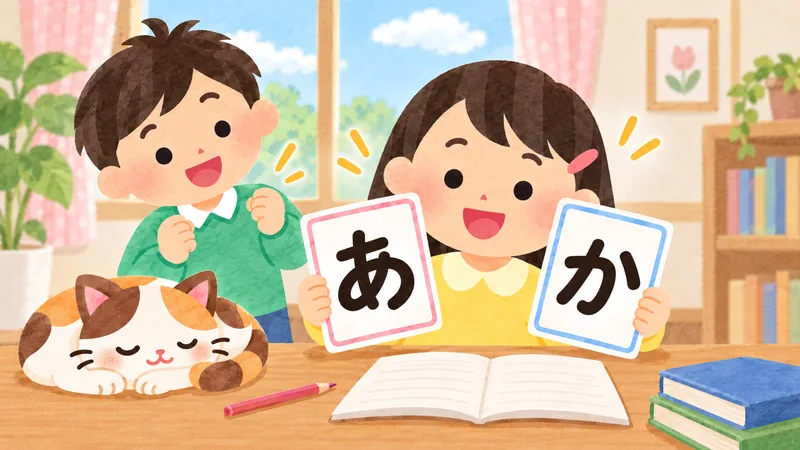 Two learners recognize hiragana characters on cards together.