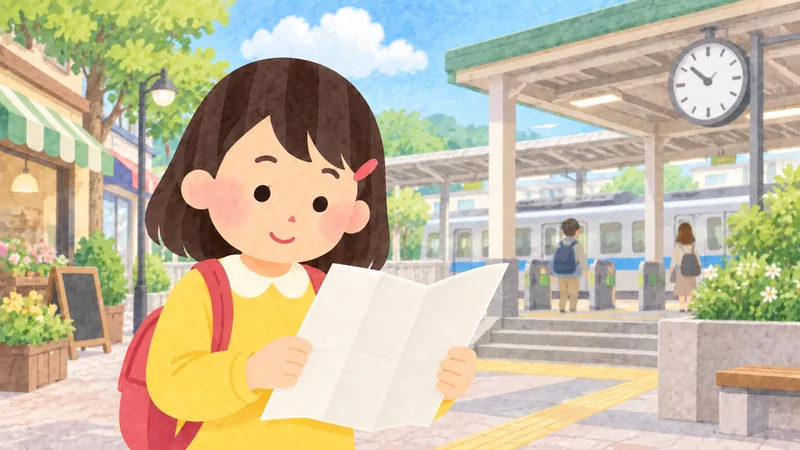 A beginner studies a folded map outside a train station.