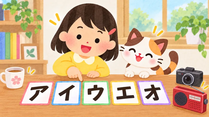 A learner and a cat look over the basic katakana vowel cards.