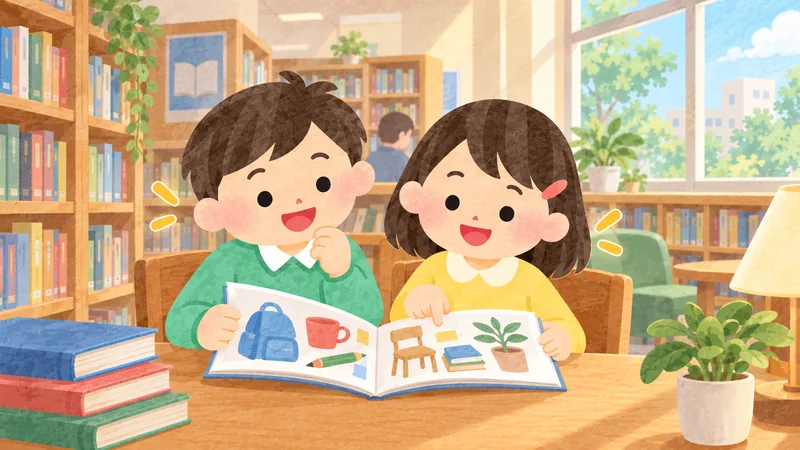 Two learners discover everyday objects in a picture book at a neighborhood library.