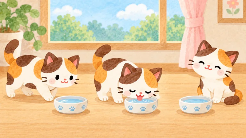 A calico cat approaches a water bowl, drinks, and sits beside it.