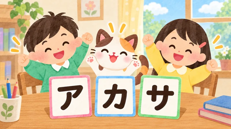 Two learners celebrate recognizing katakana cards.