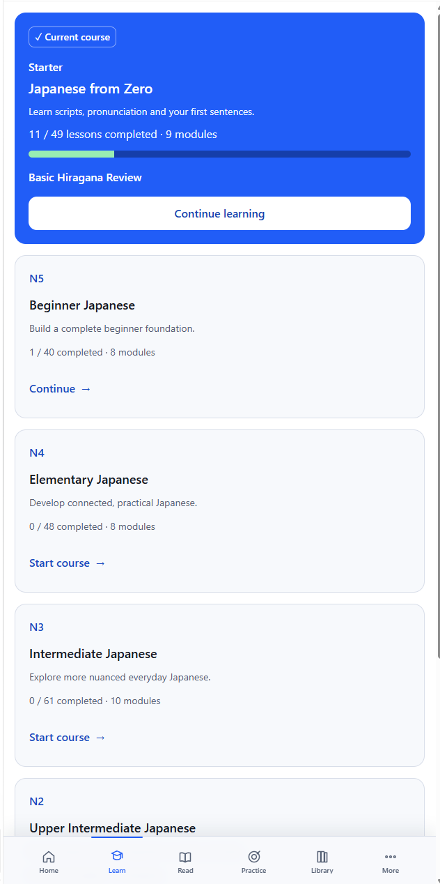 The real Learn screen showing the current Starter course, lesson progress and the next lesson.