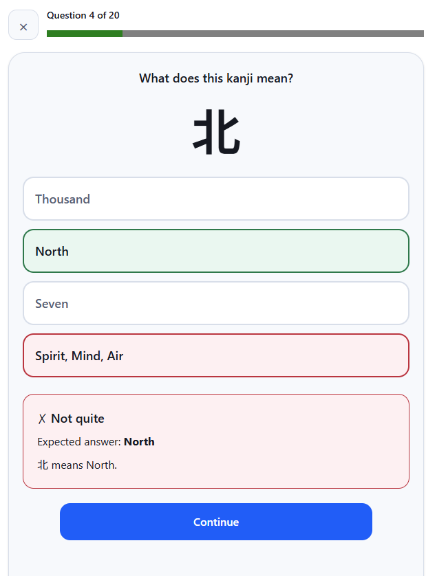 A real kanji quiz showing an answer, the correct meaning and feedback.